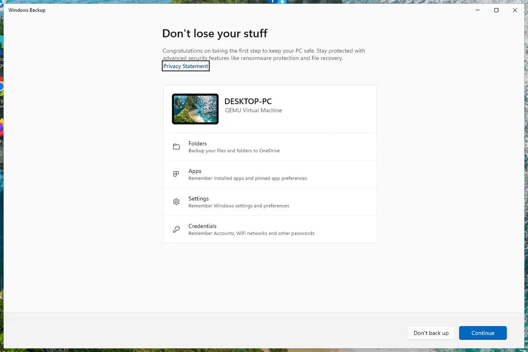 Windows Backup app listing Folders, Apps, Settings and Credentials