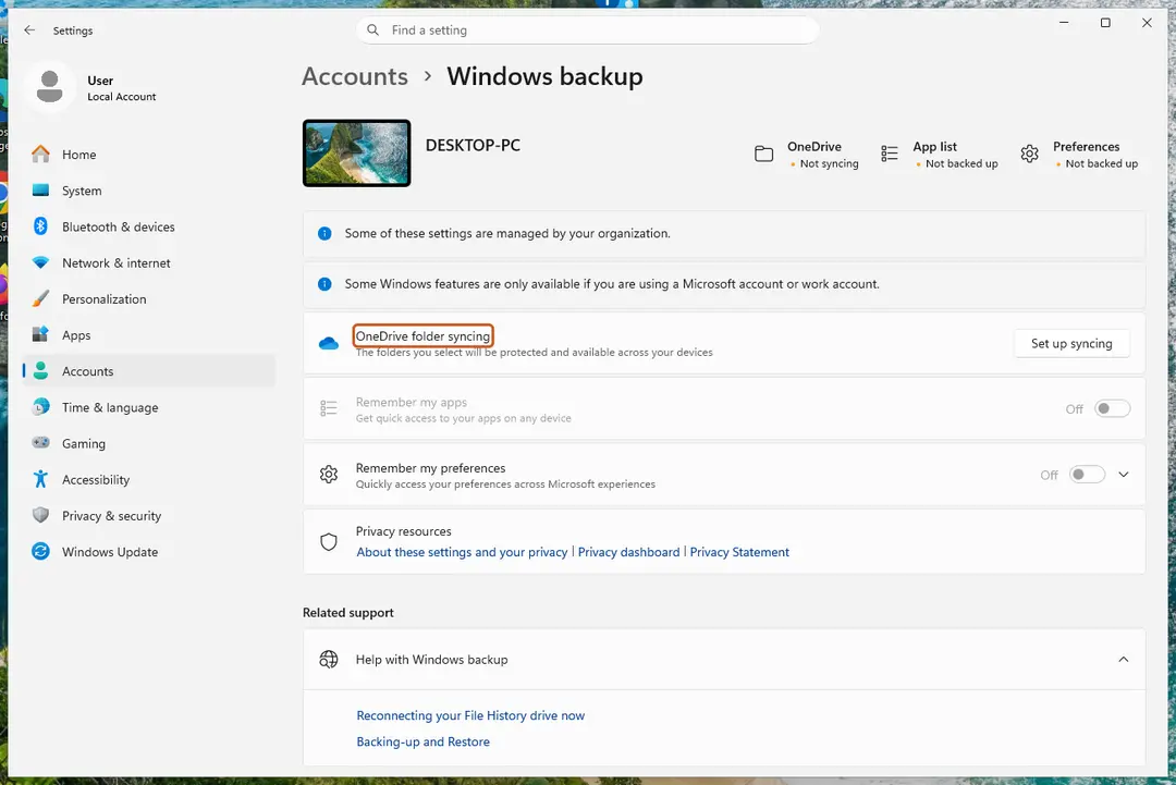 Settings, Accounts, Windows backup with OneDrive folder syncing