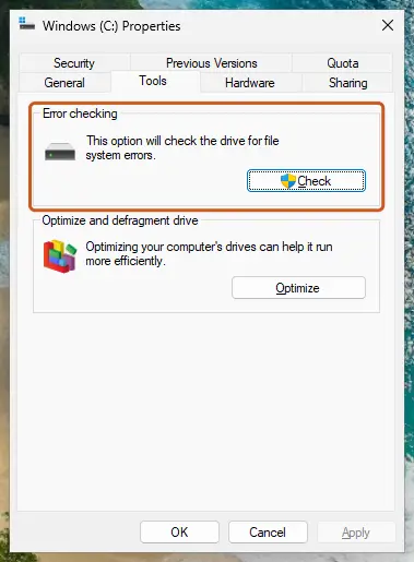 Drive Properties, Tools tab, Error checking, Check button