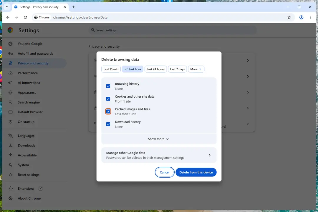 Chrome Delete browsing data dialog with Cached images and files checked