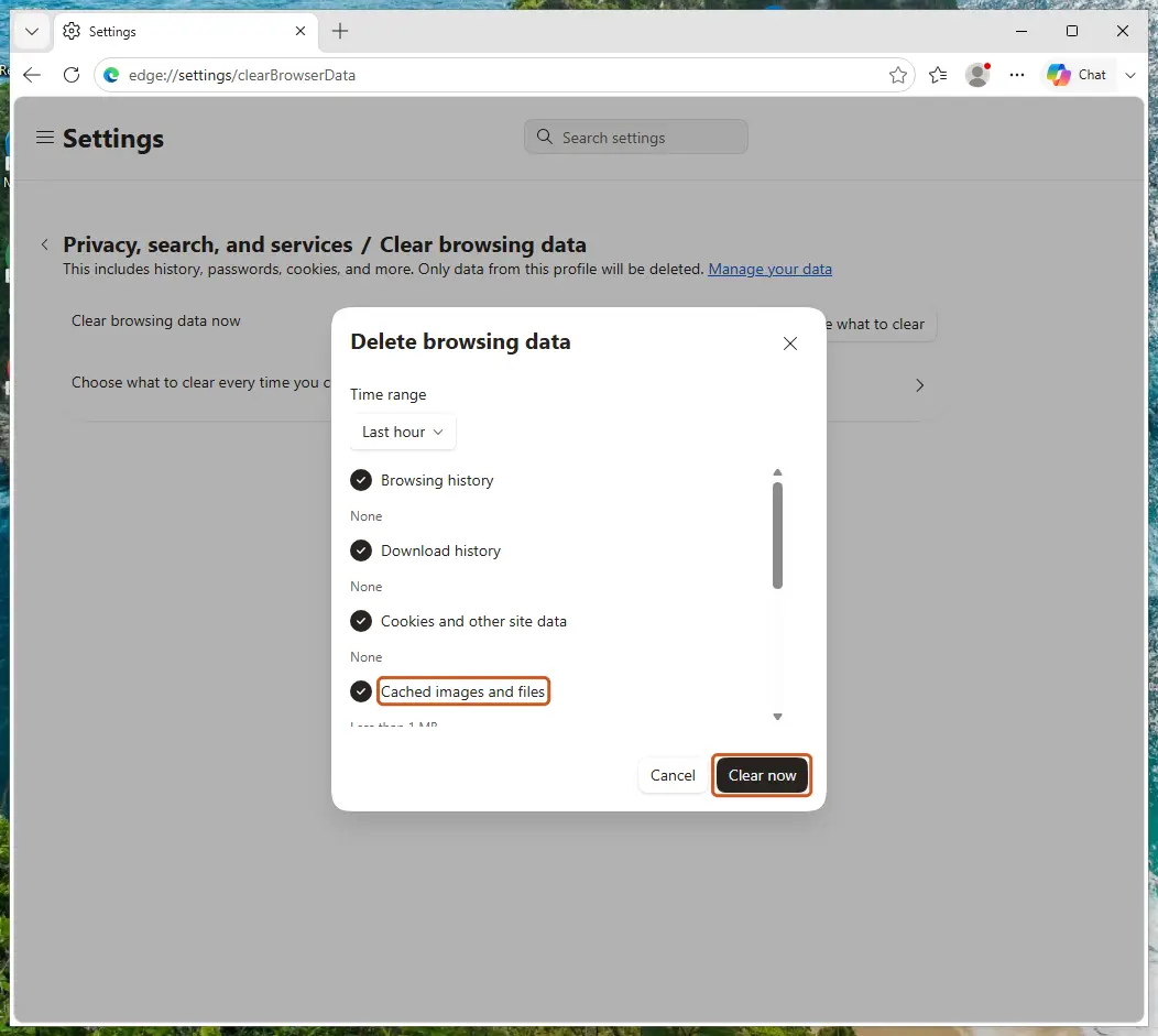Edge Delete browsing data dialog with Cached images and files and the Clear now button