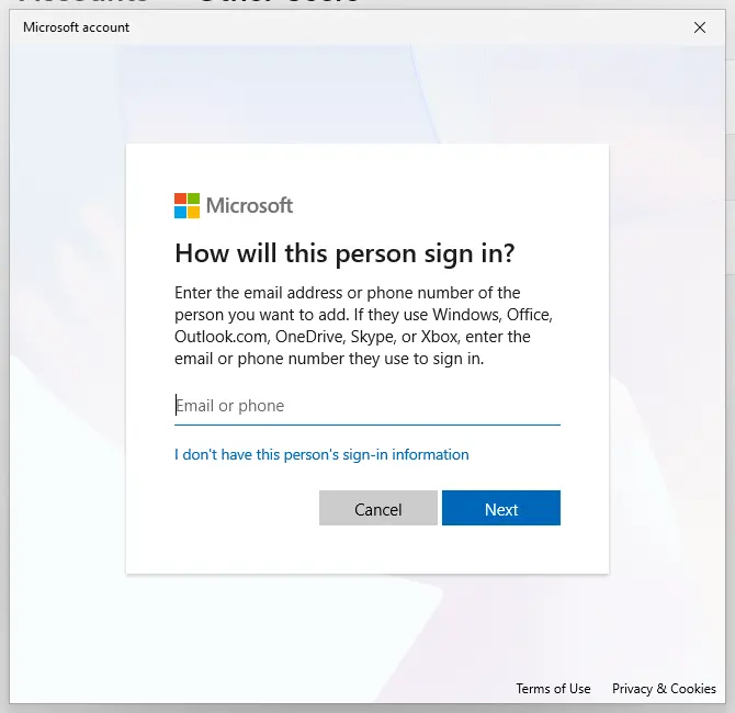How will this person sign in? window