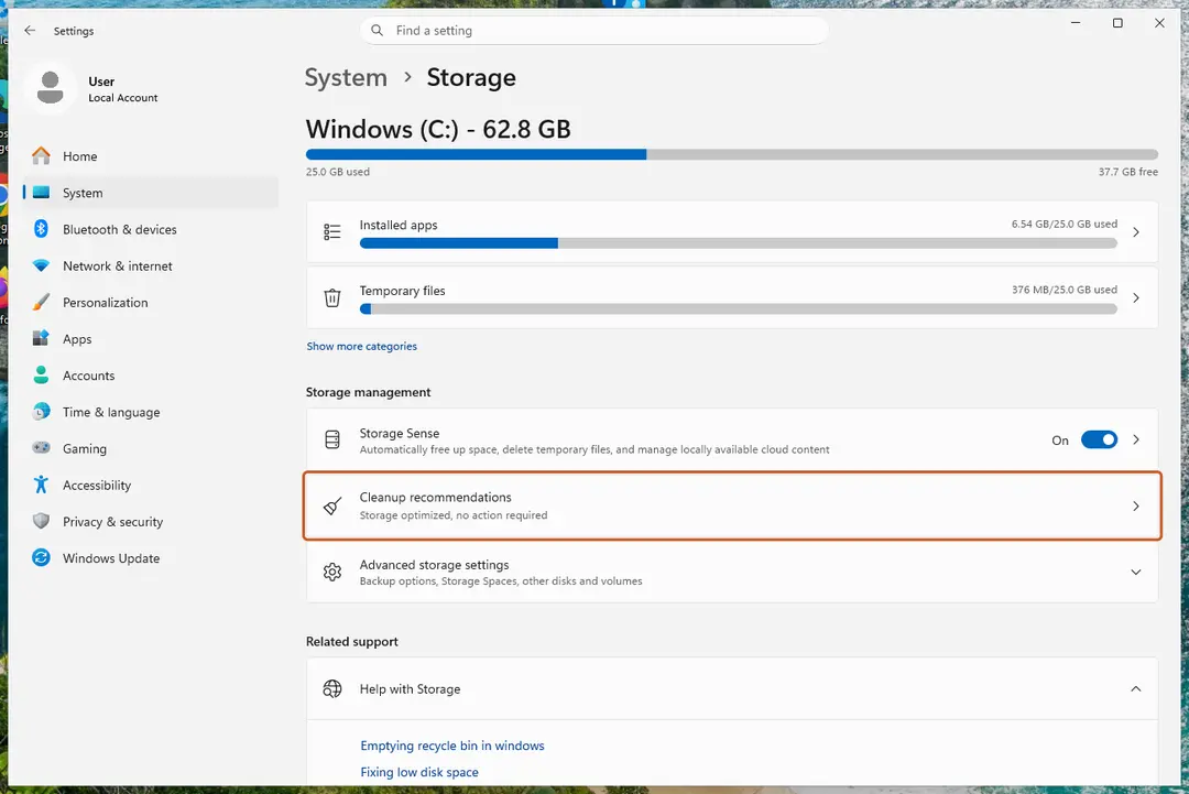 Settings, System, Storage with Cleanup recommendations under Storage management