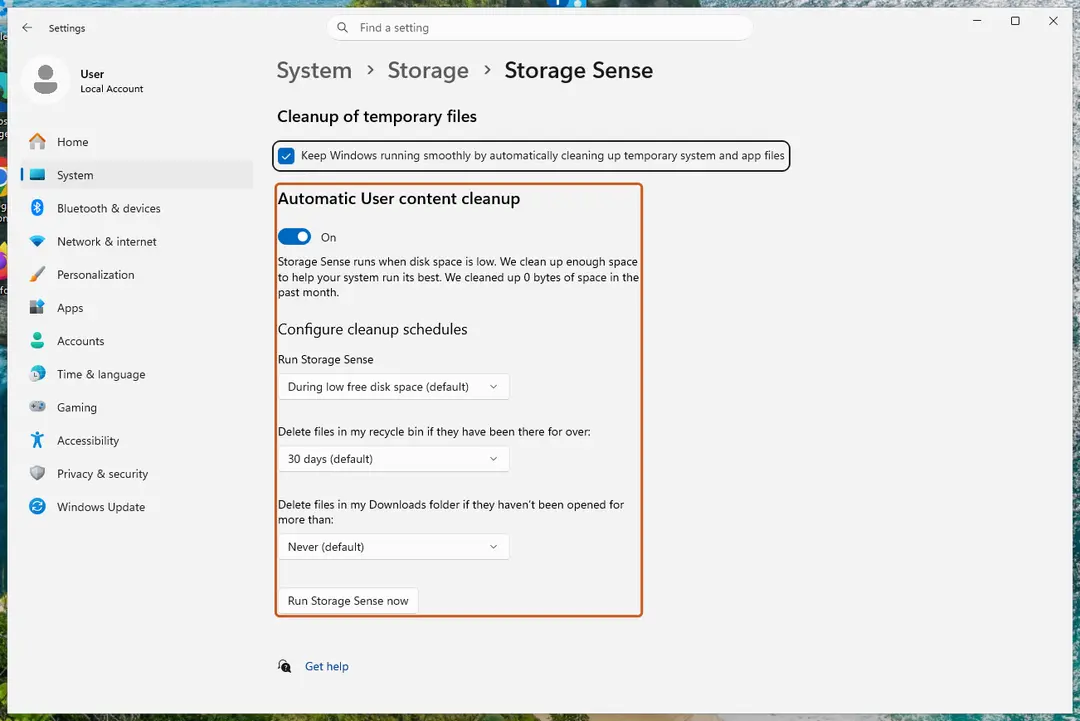 Storage Sense page with cleanup schedules and Run Storage Sense now
