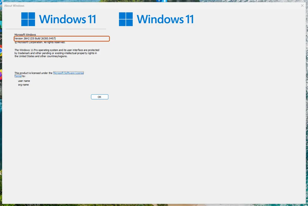 About Windows showing version and OS build