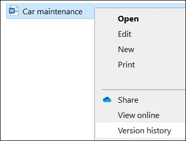 File Explorer right-click menu with Version history