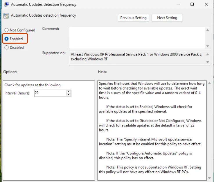 Policy window with Enabled selected and an option value