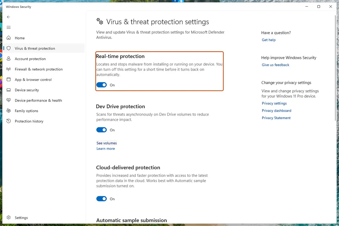 Real-time protection switch in Virus & threat protection settings