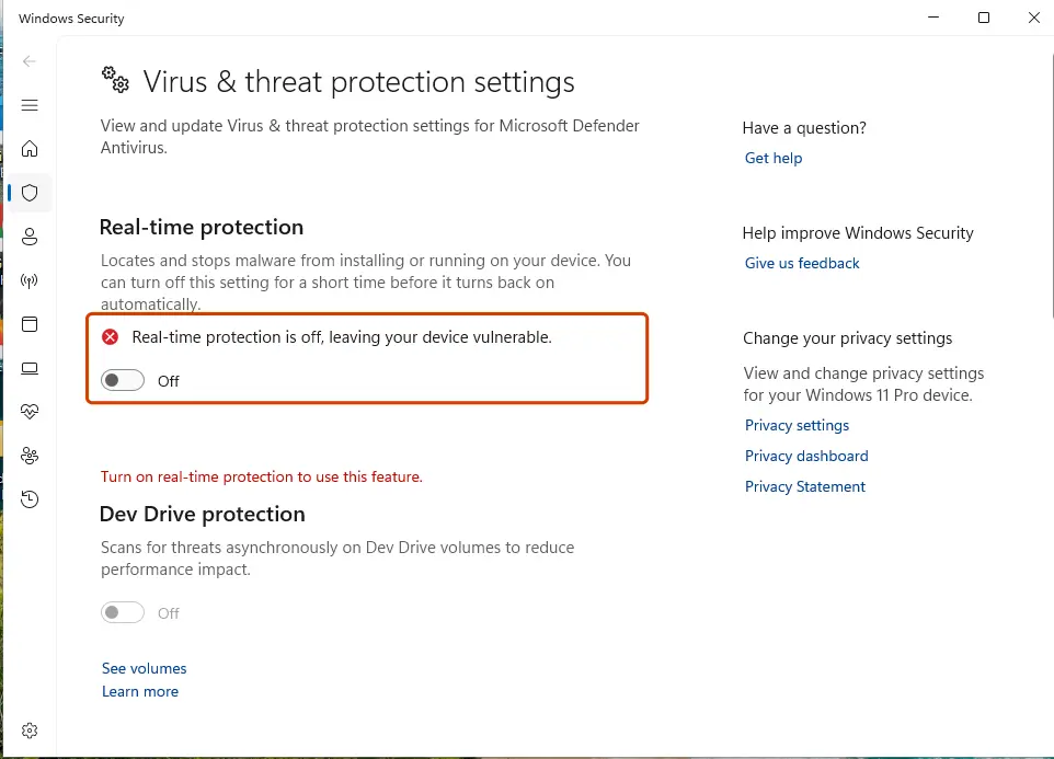 Windows Security showing Real-time protection switched Off with the warning that the device is vulnerable