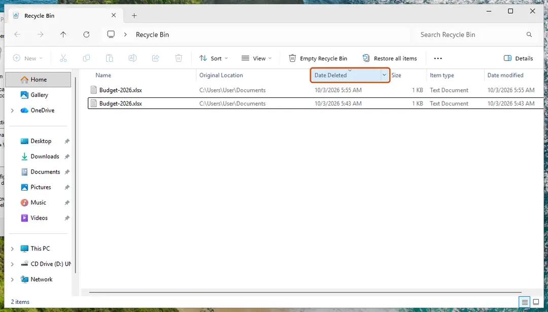 Date Deleted column header selected to sort the Recycle Bin