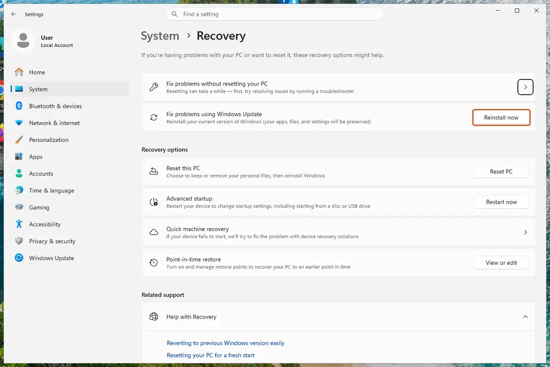 Settings, System, Recovery: Fix problems using Windows Update, Reinstall now