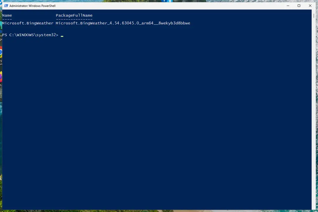 PowerShell listing Microsoft.BingWeather with its full package name