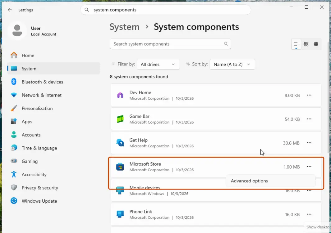 Settings, System, System components with Advanced options for Microsoft Store