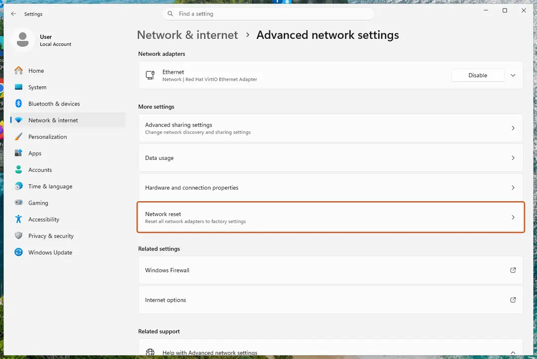 Advanced network settings: Network reset