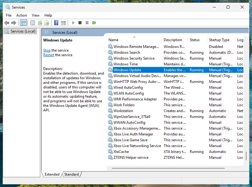 Services window with Windows Update selected, status Running, startup type Manual (Trigger Start)