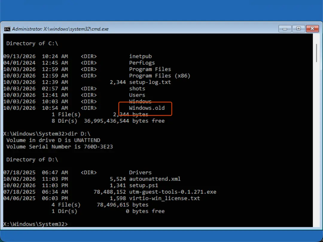 dir shows which letter holds the Windows folder