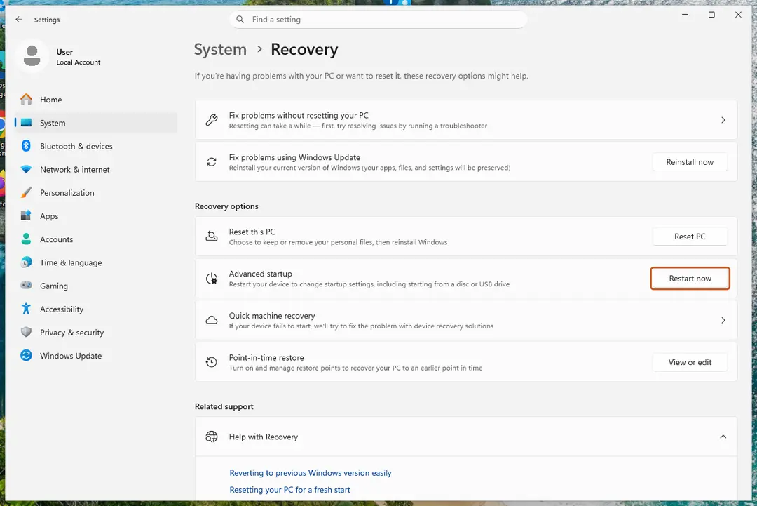 Settings, System, Recovery: Advanced startup Restart now