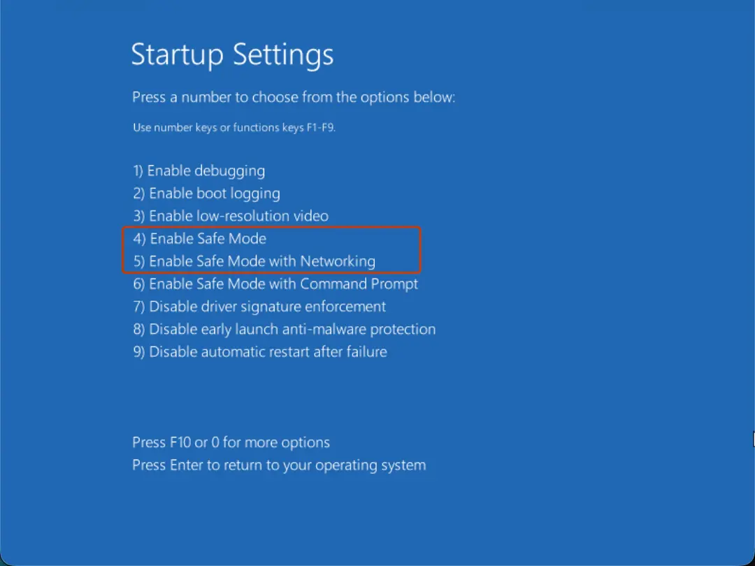 Startup Settings list with Safe Mode options 4 and 5