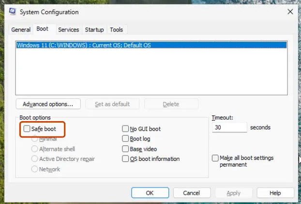 System Configuration, Boot tab: Safe boot checkbox