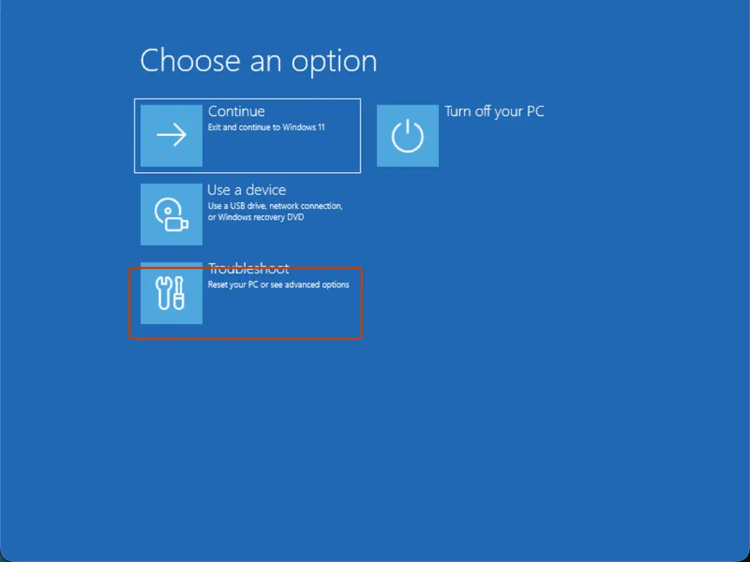 Choose an option screen with Troubleshoot