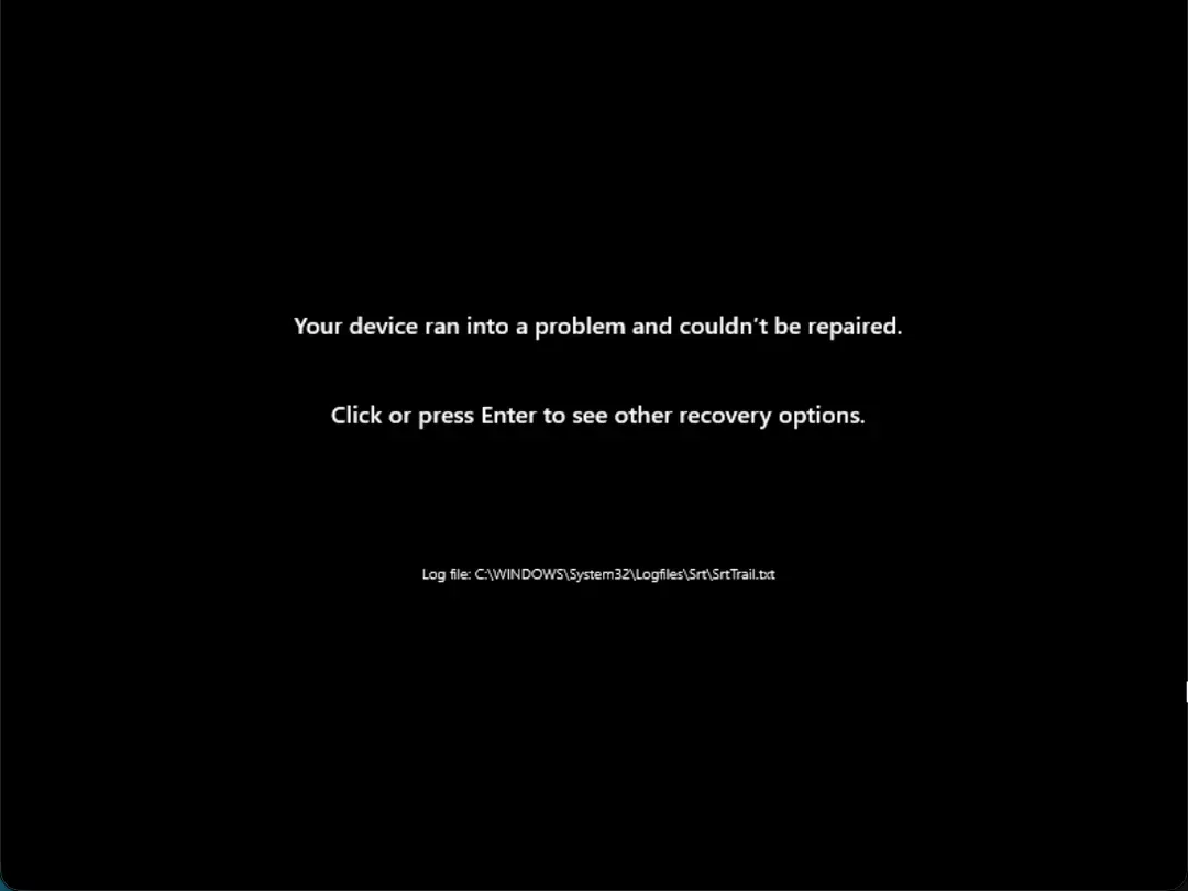 Your device ran into a problem and couldn't be repaired, with the SrtTrail.txt log path