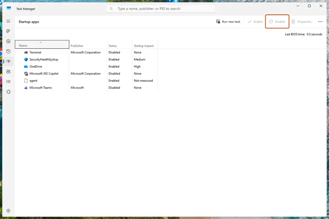 Task Manager, Startup apps page with the Disable button
