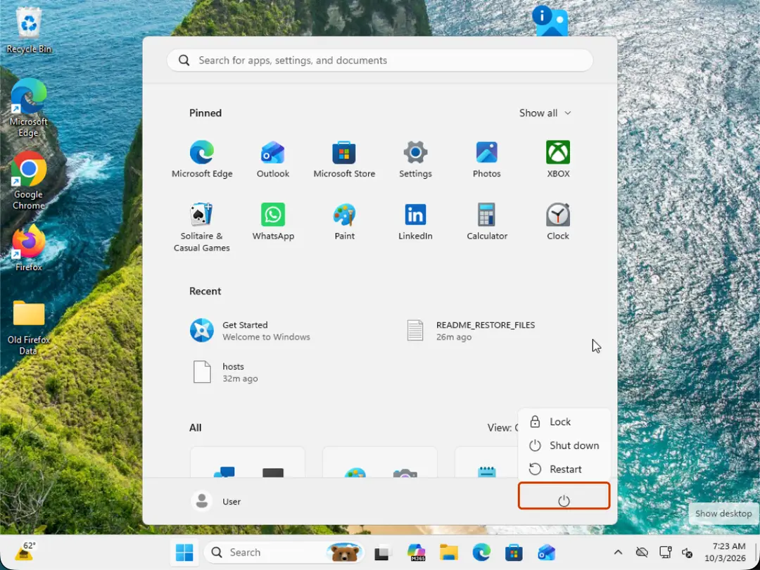 Start menu Power button with Restart