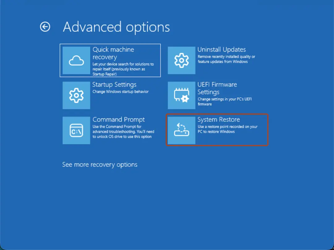 Advanced options screen with System Restore
