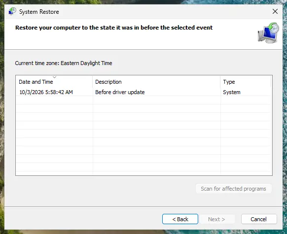 System Restore list of restore points with date, description and type