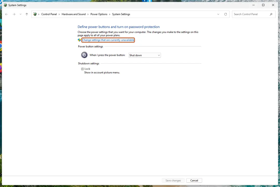 System Settings page with the Change settings that are currently unavailable link