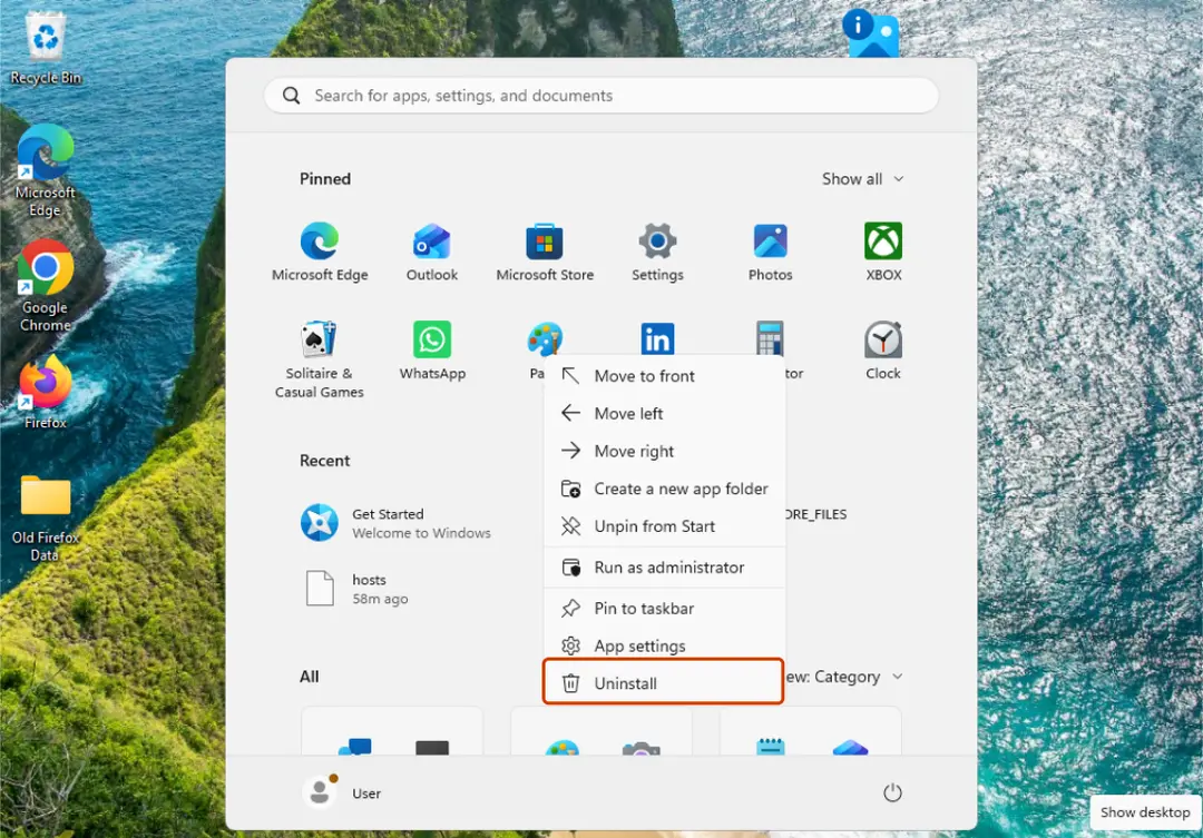 Right-click the app in Start, then Uninstall