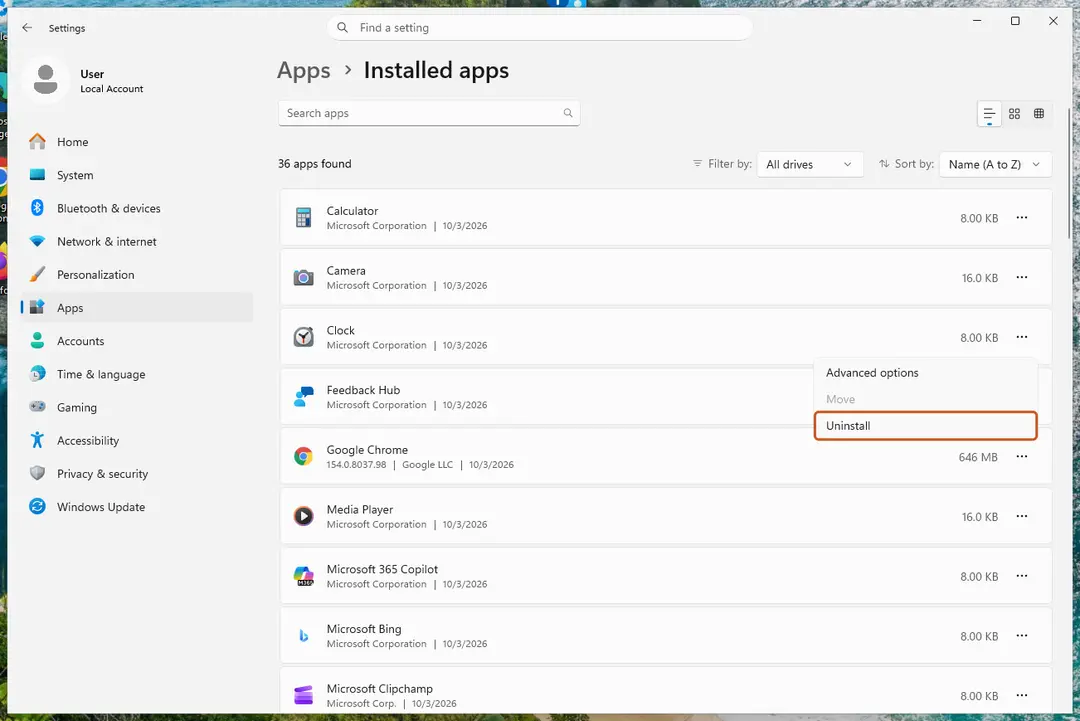 Settings, Apps, Installed apps: the ... menu