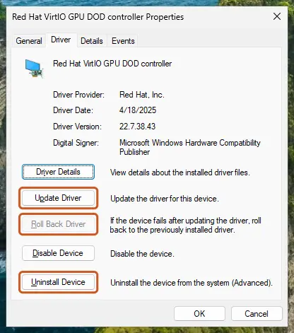 Driver tab with Update Driver, Roll Back Driver and Uninstall Device