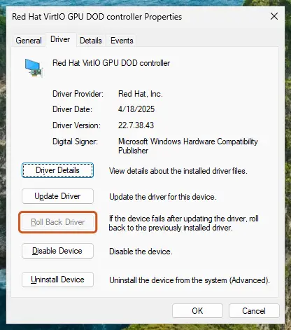 Roll Back Driver button on the Driver tab