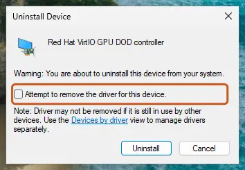 Uninstall Device dialog with the remove driver checkbox
