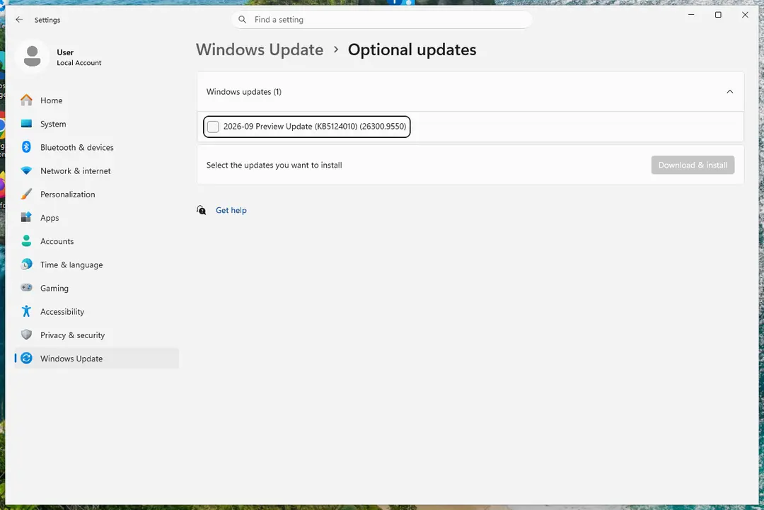 Windows Update, Optional updates page