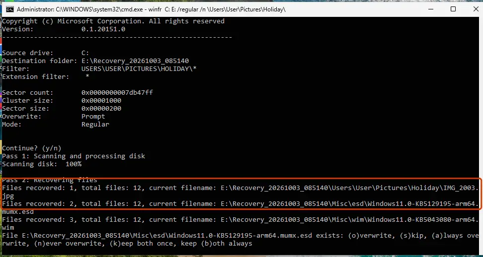 Windows File Recovery recovering a deleted photo to the Recovery folder on drive E