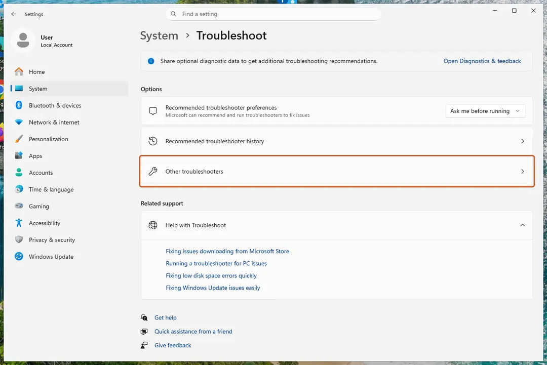 Settings, System, Troubleshoot with Other troubleshooters