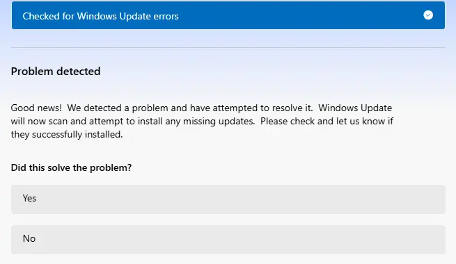 Get Help result: Problem detected, with Yes and No buttons