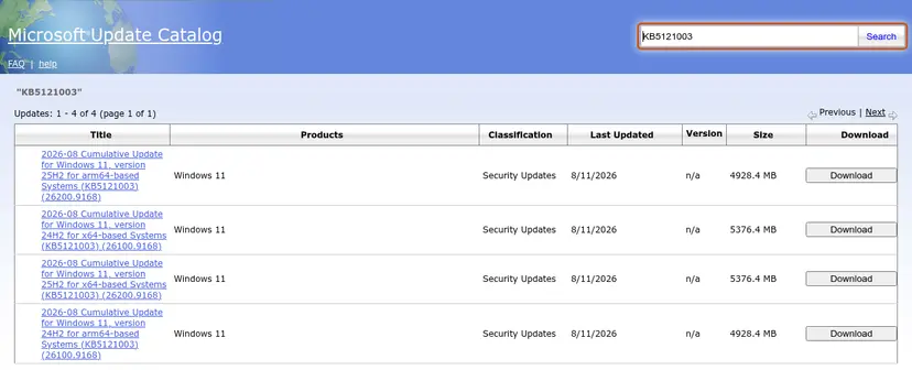 Microsoft Update Catalog search for KB5121003 listing four packages: Windows 11 24H2 and 25H2 for x64 (5376.4 MB) and arm64 (4928.4 MB)