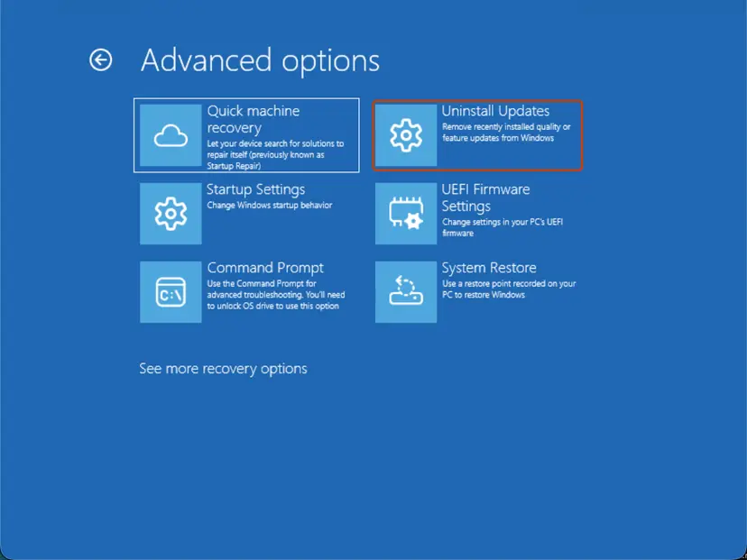 Windows Recovery Environment Advanced options screen with Uninstall Updates highlighted