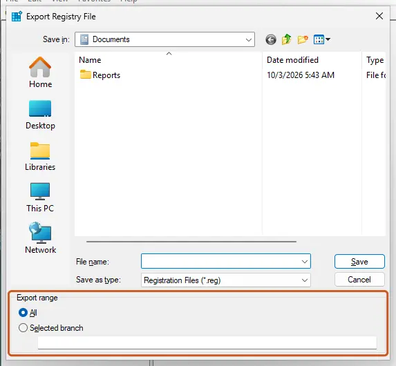 Registry Editor Export Registry File dialog with the Export range options