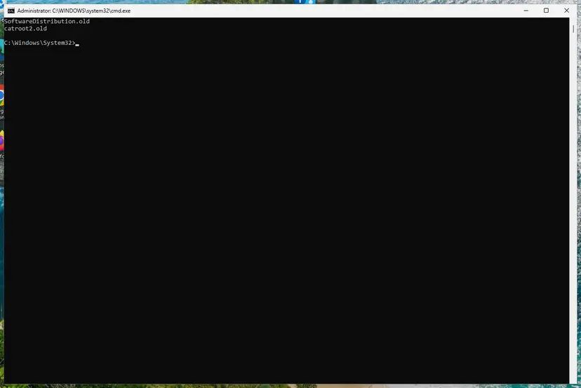 Command Prompt listing SoftwareDistribution.old and catroot2.old after the update cache folders were renamed