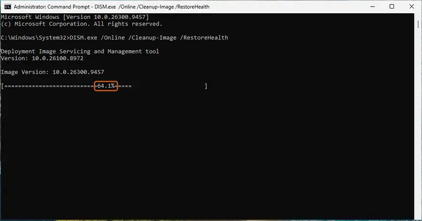 Administrator Command Prompt running DISM /Online /Cleanup-Image /RestoreHealth