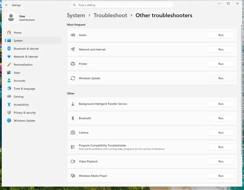 Settings, System, Troubleshoot, Other troubleshooters with Windows Update and its Run button